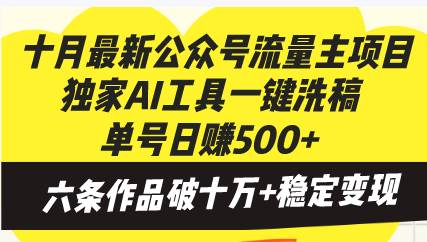 十月最新公众号流量主项目，独家AI工具一键洗稿单号日赚500+，六条作品…-大米网创