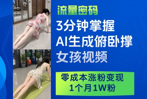 3分钟掌握AI生成俯卧撑女孩视频,零成本涨粉变现,1个月1W粉-大米网创