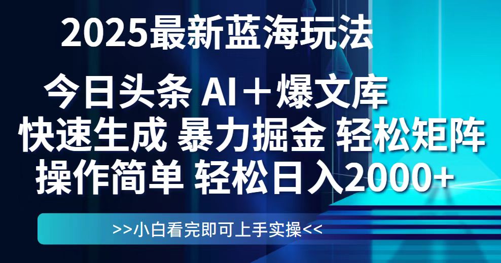 今日头条2025最新蓝海玩法,思路简单,复制粘贴,轻松实现矩阵日入2000+-大米网创