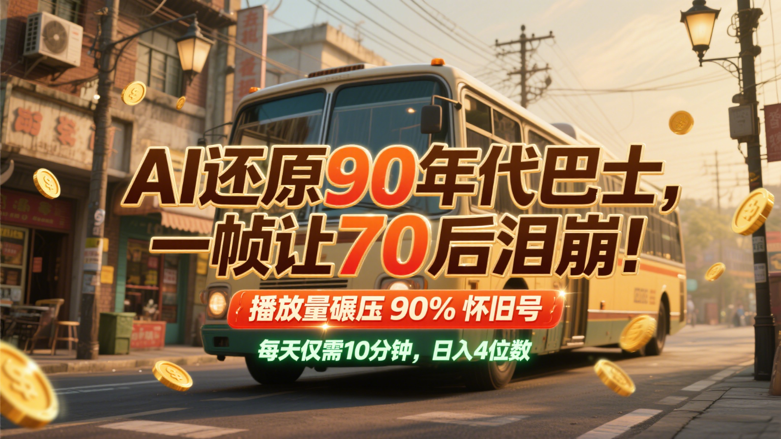 AI还原90年代巴士,一帧让70后泪崩!播放量碾压90%怀旧号,每天10分钟,日入4位数-大米网创