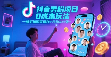 抖音男粉项目0成本玩法,一部手机即可操作,日均4张+,时间自由-大米网创