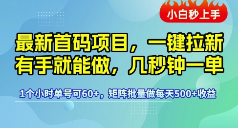 最新首码项目，一键拉新有手就能做，几秒钟一单，1个小时单号可60+，矩阵批量做每天5张-大米网创