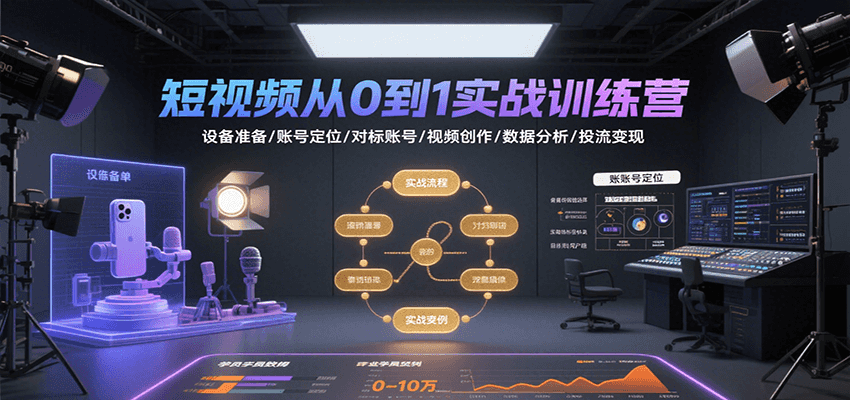 短视频从0到1实战训练营：设备准备/账号定位/对标账号/视频创作/数据分析/投流变现-大米网创
