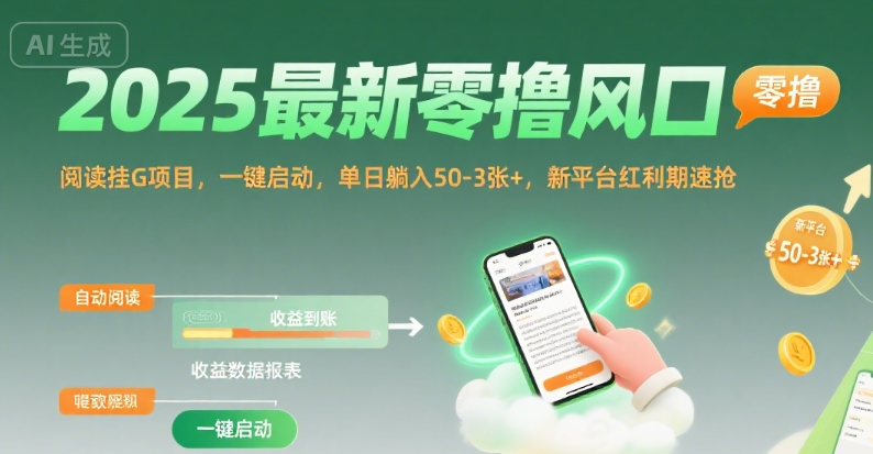 2025最新零撸风口,阅读挂G项目,一键启动,单日躺入 50-3张+,新平台红利期速抢-大米网创