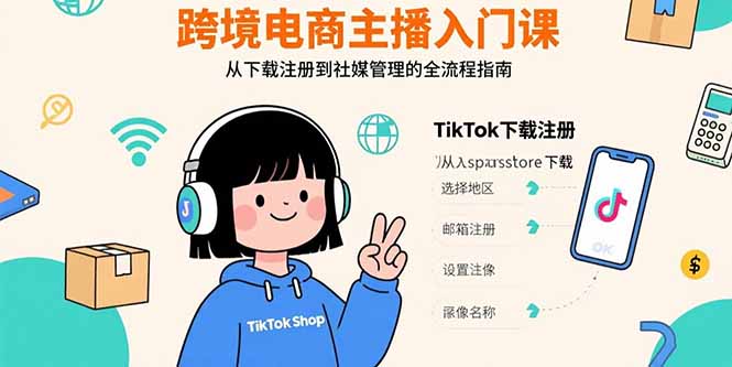 跨境电商主播入门课，TikTok下载注册，支付工具配置，社媒账号管理全流程-大米网创