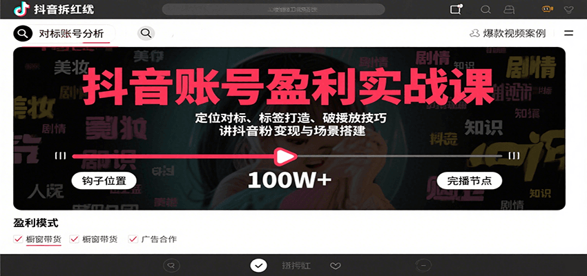 抖音账号盈利实战课，定位对标、标签打造、破播放技巧，讲涨粉变现与场景搭建-大米网创