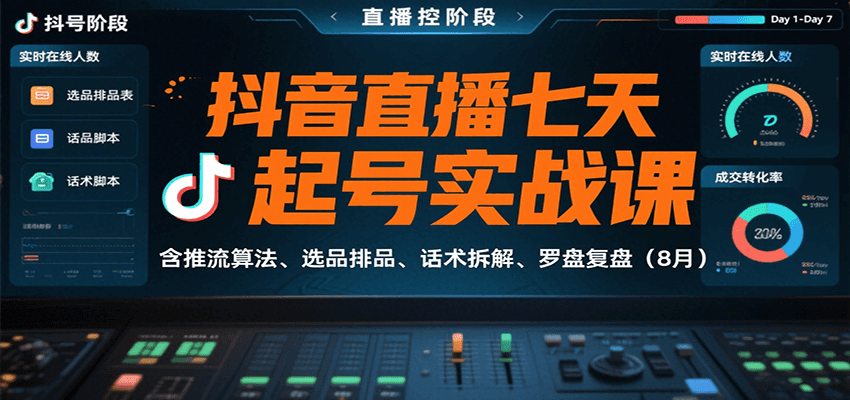 抖音直播七天起号实战课：含推流算法、选品排品、话术拆解、罗盘复盘（8月）-大米网创