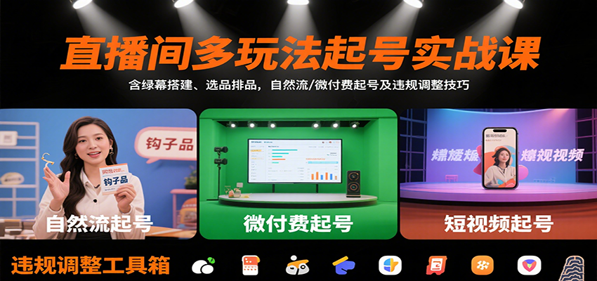 直播间多玩法起号实战课：含绿幕搭建、选品排品，自然流/微付费起号及违规调整技巧-大米网创