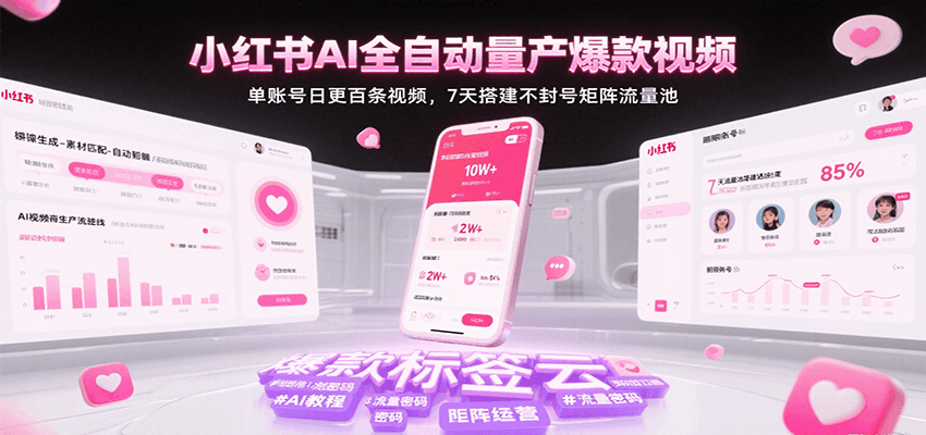 小红书AI全自动量产爆款视频，单账号日更百条视频，7天搭建不封号矩阵流量池（更新）-大米网创