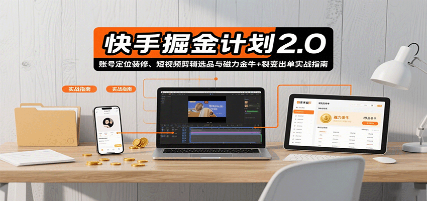 快手掘金计划2.0，账号定位装修、短视频剪辑选品与磁力金牛+裂变出单实战指南-大米网创