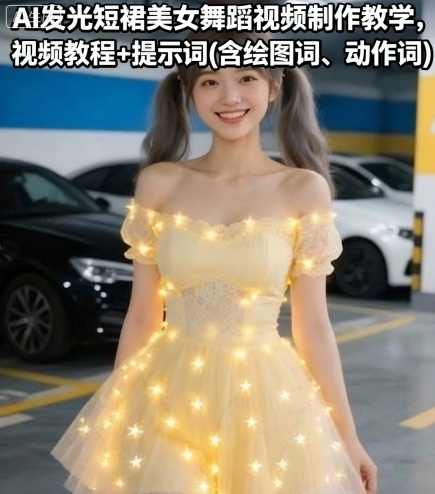 AI发光短裙美女舞蹈视频制作教学，视频教程+提示词(含绘图词、动作词)-大米网创