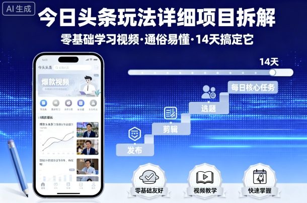 今日头条玩法详细项目拆解，零基础学习视频 通俗易懂 14天搞定它-大米网创
