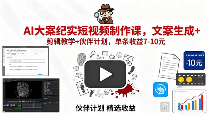 AI大案纪实短视频制作课，文案生成+剪辑教学+伙伴计划，单条收益7-10元-大米网创