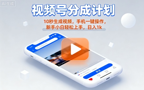 视频号分成计划懒人玩法,10秒生成视频,手机一键操作,新手小白轻松上手,日入1K-大米网创