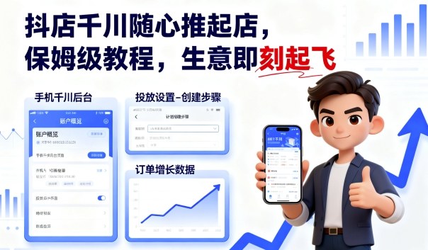 抖店千川随心推起店，保姆级教程，生意即刻起飞-大米网创