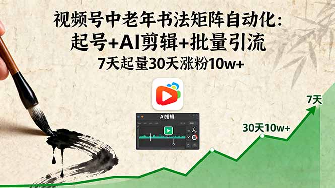 视频号中老年书法矩阵自动化:起号+AI剪辑+批量引流 7天起量30天涨粉10w+-大米网创