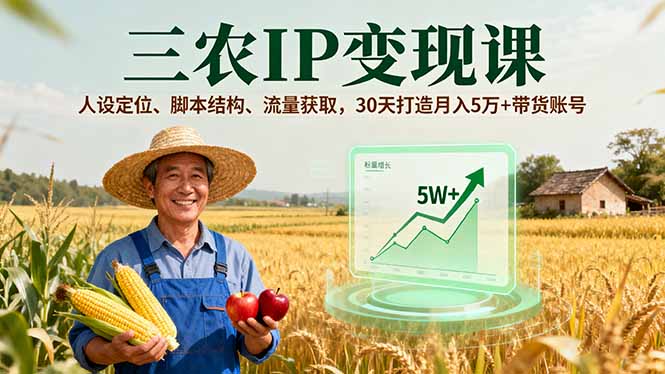 三农IP变现课，人设定位、脚本结构、流量获取，30天打造月入5万+带货账号-大米网创