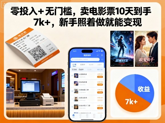 零投入+无门槛，卖电影票10天到手7k+，新手照着做就能变现-大米网创