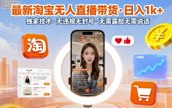 最新淘宝无人直播带货，日入1k+，独家技术，无违规无封号，无需露脸无需说话-大米网创