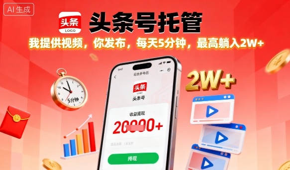 【头条号托管】我提供视频,你发布,每天5分钟,最高躺入2W+-大米网创