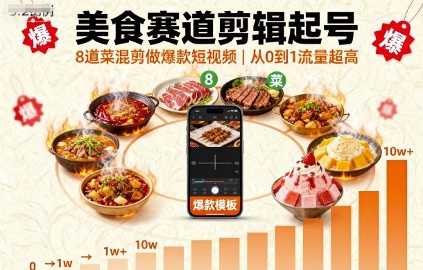 美食赛道剪辑起号,8道菜混剪做爆款短视频,从0到1,流量超高-大米网创