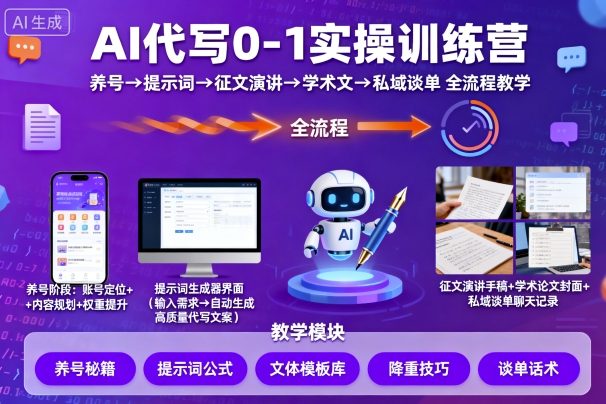 AI代写0-1实操训练营,从养号、提示词、征文演讲、学术文,到私域谈单的全流程教学-大米网创