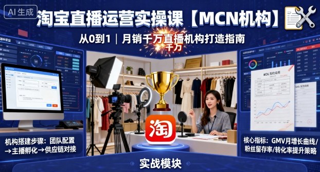 淘宝直播运营实操课【MCN机构】，从0到1做一家月销千W的直播机构-大米网创