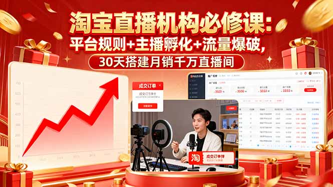 淘宝直播机构必修课：平台规则/主播孵化/流量爆破,30天搭建月销千万直播间-大米网创