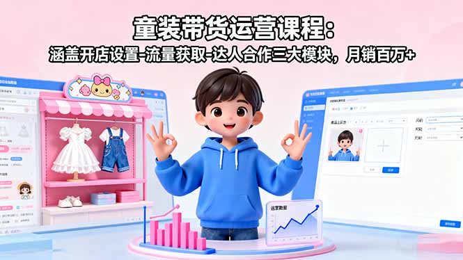 童装带货运营课程:涵盖开店设置-流量获取-达人合作三大模块,月销百万+-大米网创