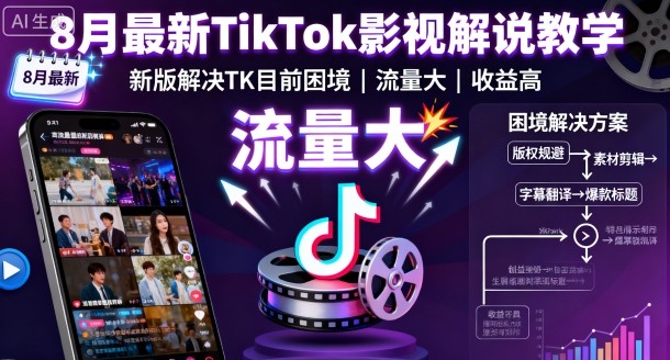 8月最新TikTok影视解说教学,新版解决TK目前困境,流量大,收益高-大米网创