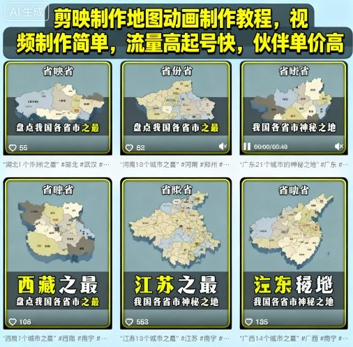 剪映制作地图动画制作教程,视频制作简单,流量高起号快,伙伴单价高-大米网创