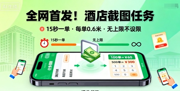 全网首发！酒店截图任务，15秒一单，每单0.6米，任务无上限不设限，矩阵操作单日3张到手-大米网创