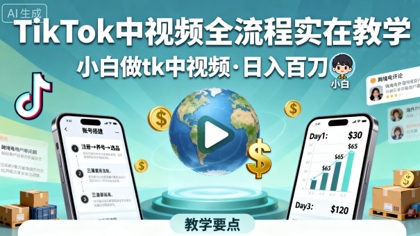 TikTok中视频全流程实操教学,小白做tk中视频,日入百刀-大米网创