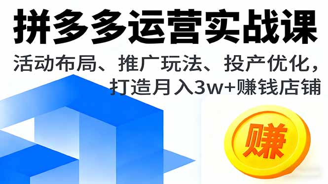拼多多运营实战课,活动布局、推广玩法、投产优化,打造月入3w+赚钱店铺-大米网创
