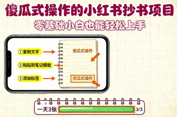 傻瓜式操作的小红书抄书项目，会复制粘贴就行，零基础小白也能一天3张-大米网创