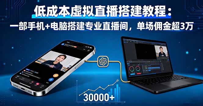 低成本虚拟直播搭建教程：一部手机+电脑搭建专业直播间，单场佣金超3万-大米网创