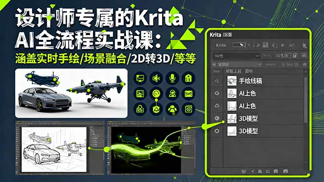 设计师专属的Krita AI全流程实战课：涵盖实时手绘/场景融合/2D转3D/等等-大米网创