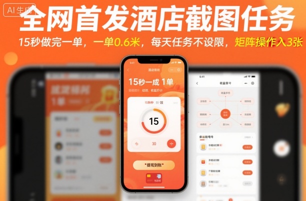 全网首发酒店截图任务，15秒做完一单，一单0.6米，每天任务不设限，矩阵操作日入3张-大米网创