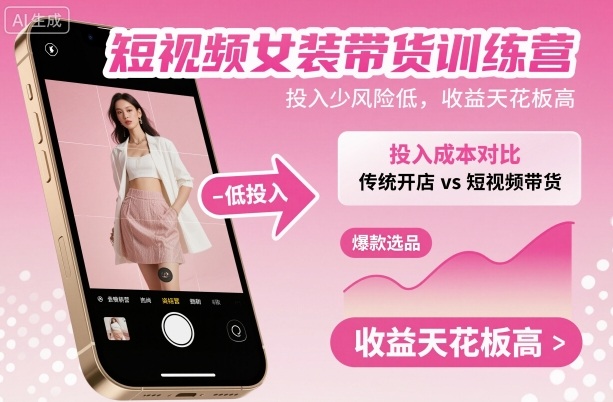 短视频女装带货训练营,投入少风险低,收益天花板高-大米网创
