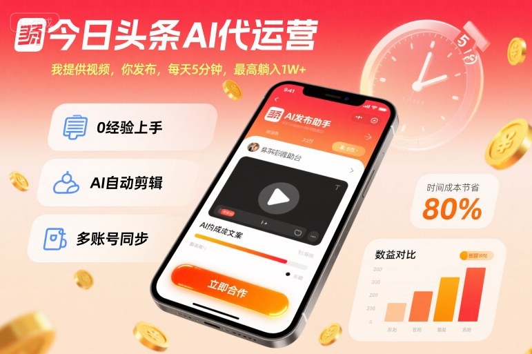 今日头条AI代运营,我提供视频,你发布,每天5分钟,最高躺入1W+-大米网创