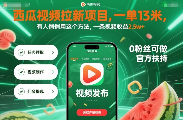 西瓜视频拉新项目，一单13米，有人悄悄用这个方法，一条视频收益2.5w+（附详细教程）-大米网创