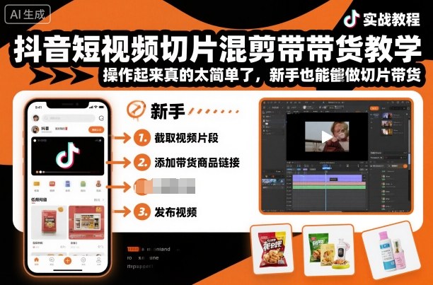 抖音短视频切片混剪带货教学，操作起来真的太简单了，新手也能做切片带货-大米网创