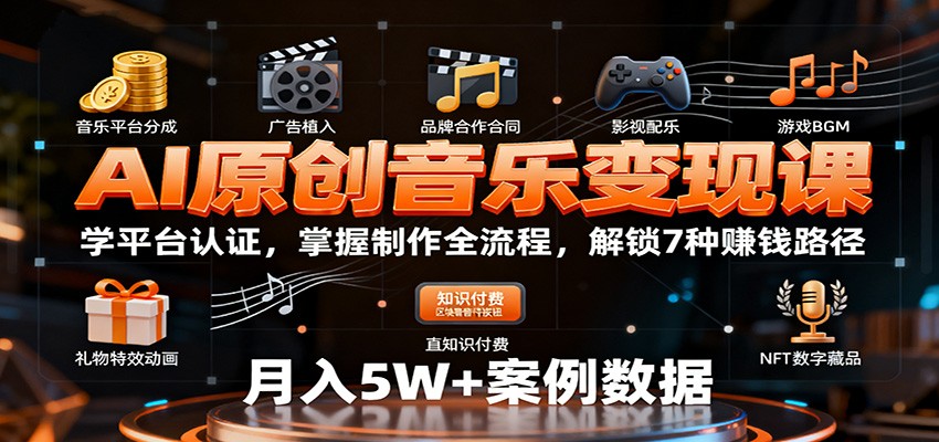 AI原创音乐变现课：学平台认证，掌握制作全流程，解锁7种赚钱路径-大米网创