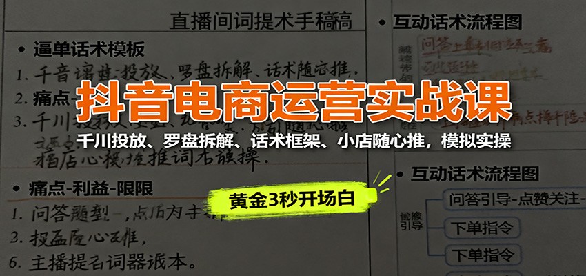 抖音电商运营实战课：千川投放、罗盘拆解、话术框架、小店随心推，模拟实操-大米网创