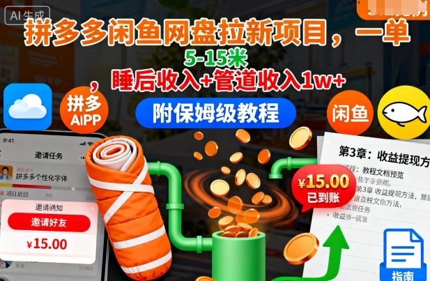 拼多多闲鱼网盘拉新项目,一单5-15米,睡后收入+管道收入1w+(附保姆级教程)-大米网创