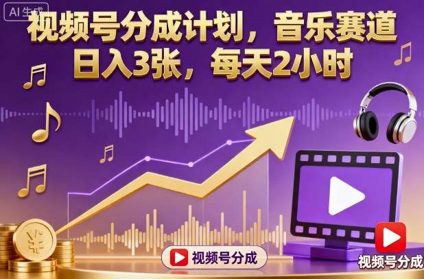 视频号分成计划，音乐赛道，日入3张，每天2小时-大米网创