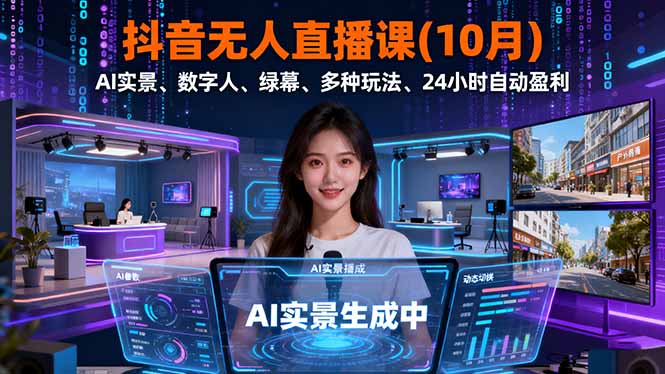 抖音无人直播课(10月),AI实景、数字人、绿幕、多种玩法、24小时自动盈利-大米网创
