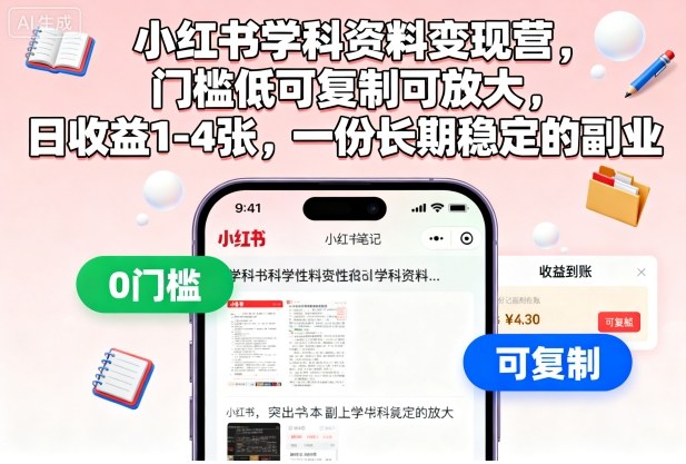 小红书学科资料变现营,门槛低可复制可放大,日收益1-4张,一份长期稳定的副业-大米网创