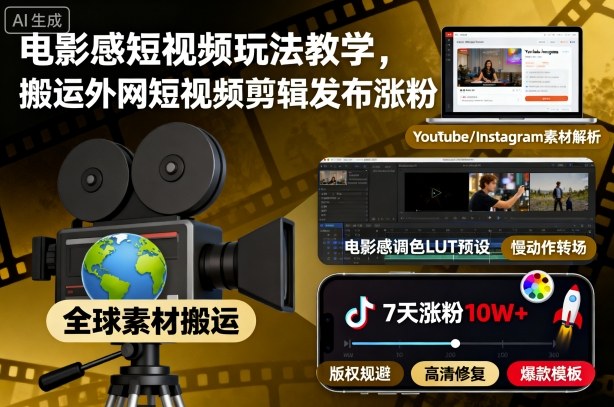 电影感短视频玩法教学,搬运外网短视频剪辑发布涨粉-大米网创