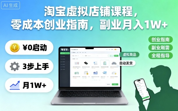 淘宝虚拟店铺课程,零成本创业指南,副业月入1W+-大米网创